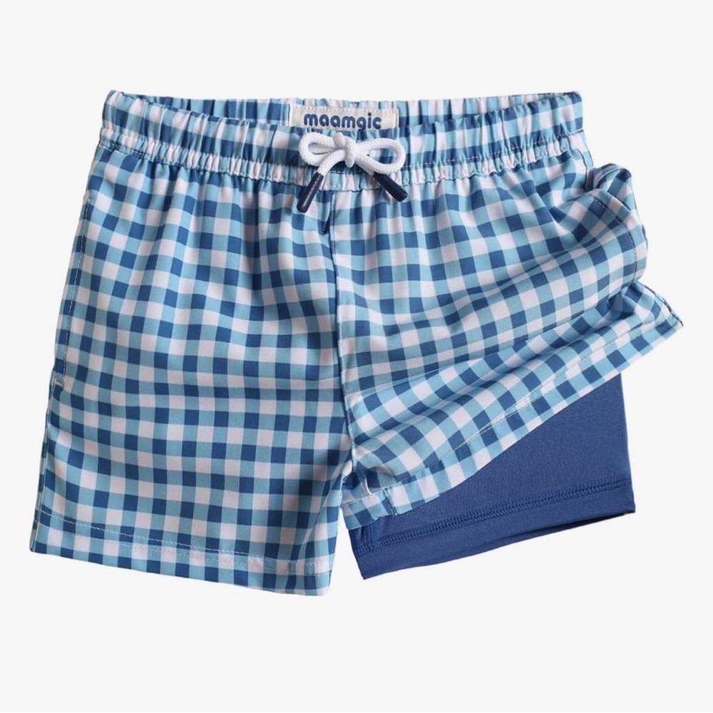 maamgic Blue Gingham Swim Shorts with Navy Liner youth size 14/16